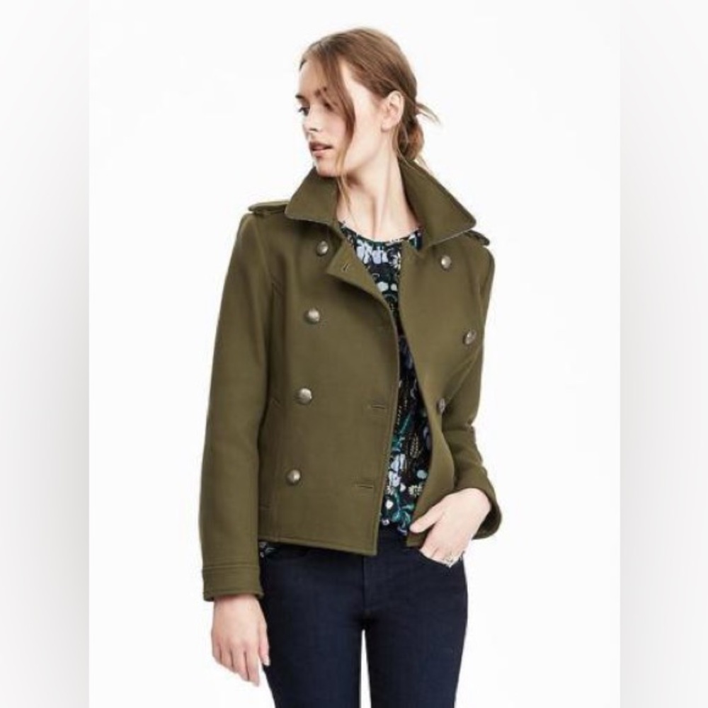 Banana Republic Olive Green Peacoat Double Breasted 100% Cotton Size Small